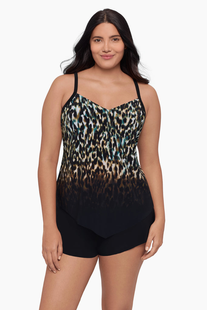 Woman wearing a tankini top with an ombre leopard print
