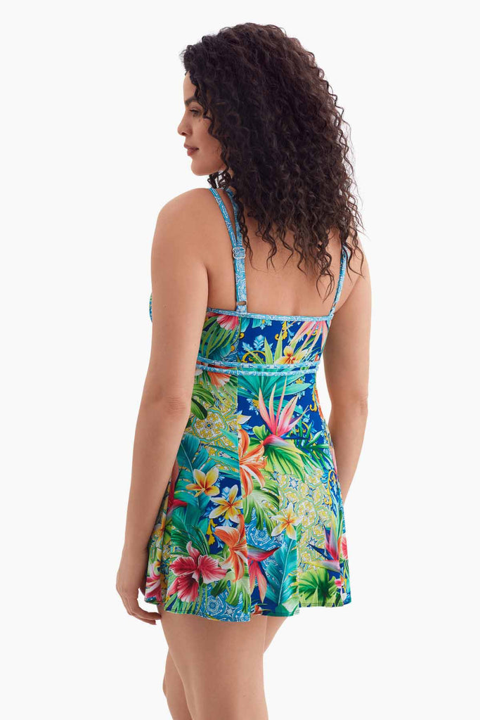 Woman turned left to show detail of swim dress