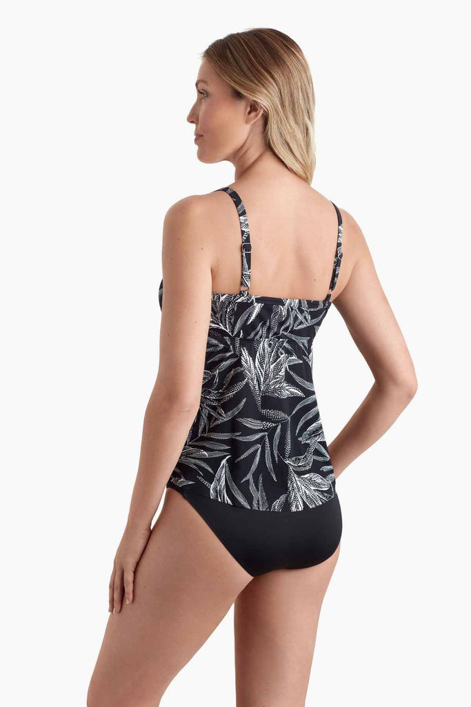 Woman turned left to show detail of tankini top
