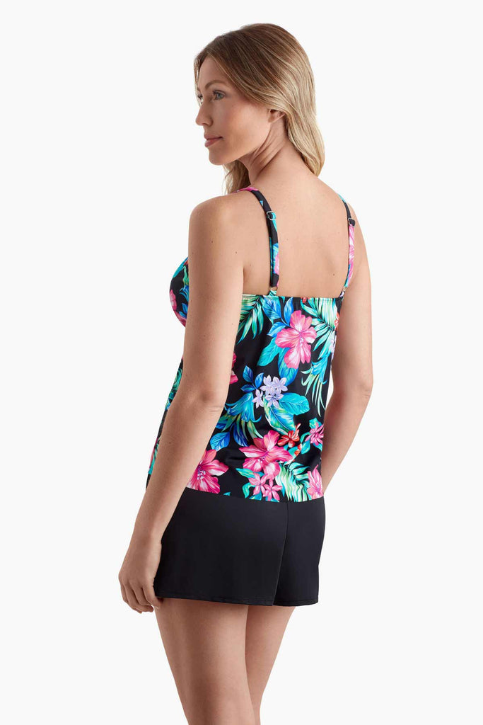 Woman turned left to show detail of tankini top