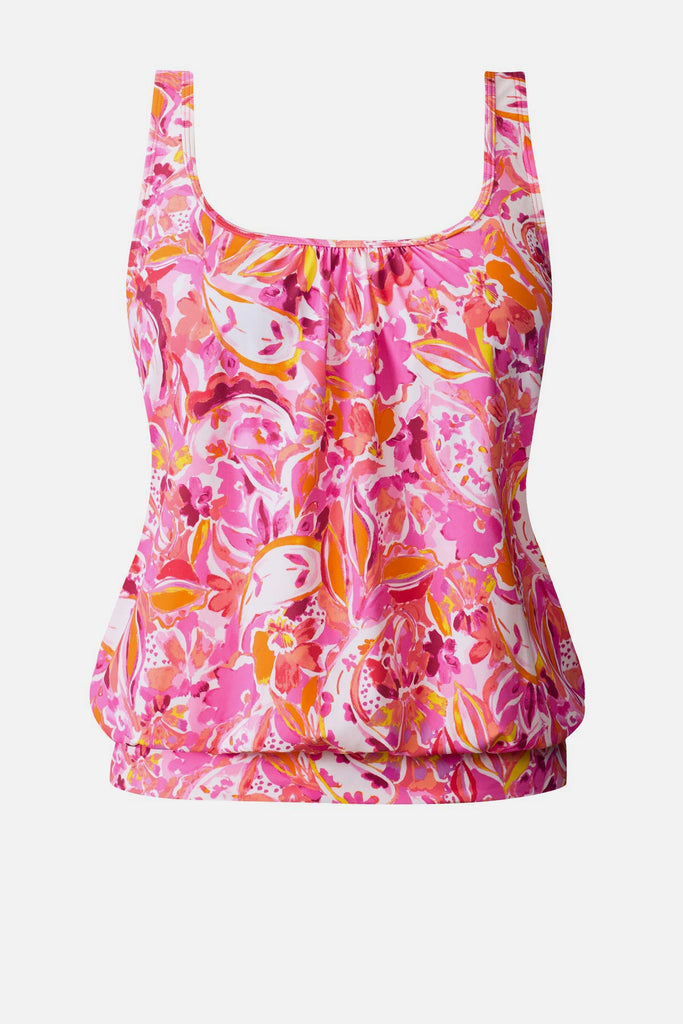 Pink floral printed shirred neck blouson tankini top