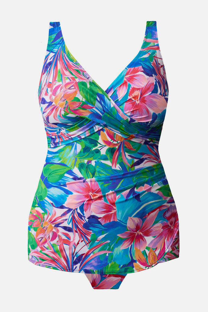 Multicolored floral print sarong one-piece swimsuit