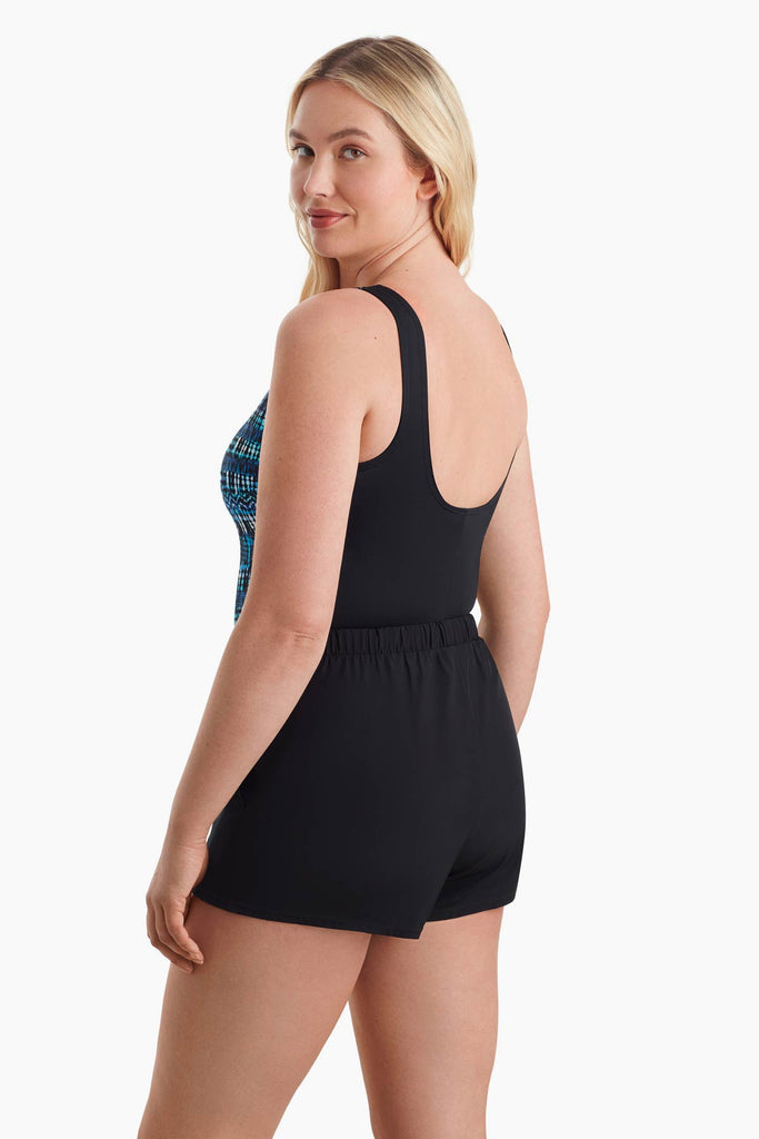 Woman turned left to show detail of swimsuit