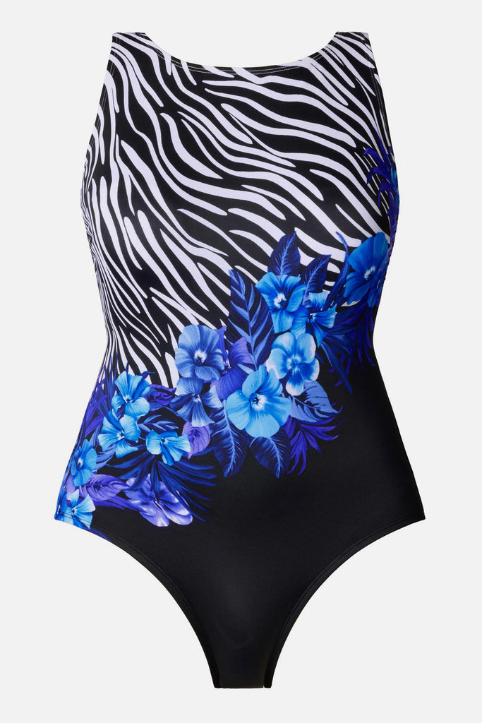 Zebra and floral printed one-piece swimsuit