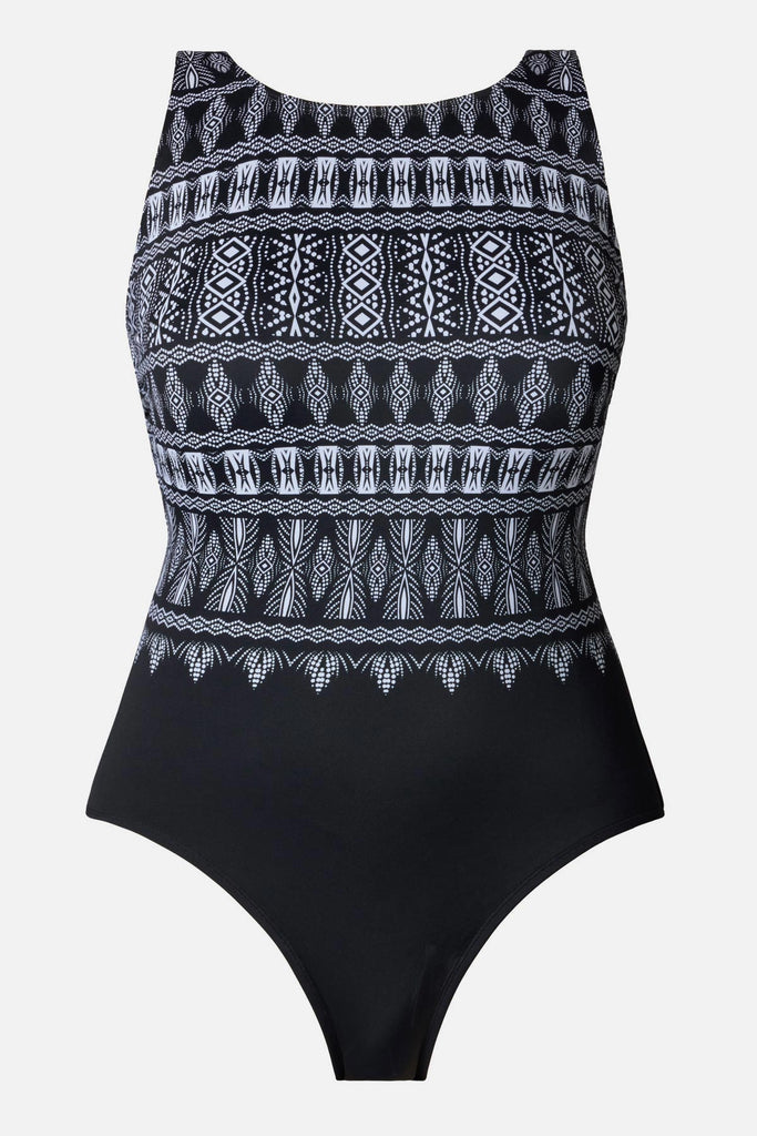 Black and white tribal printed one-piece swimsuit with a high neckline