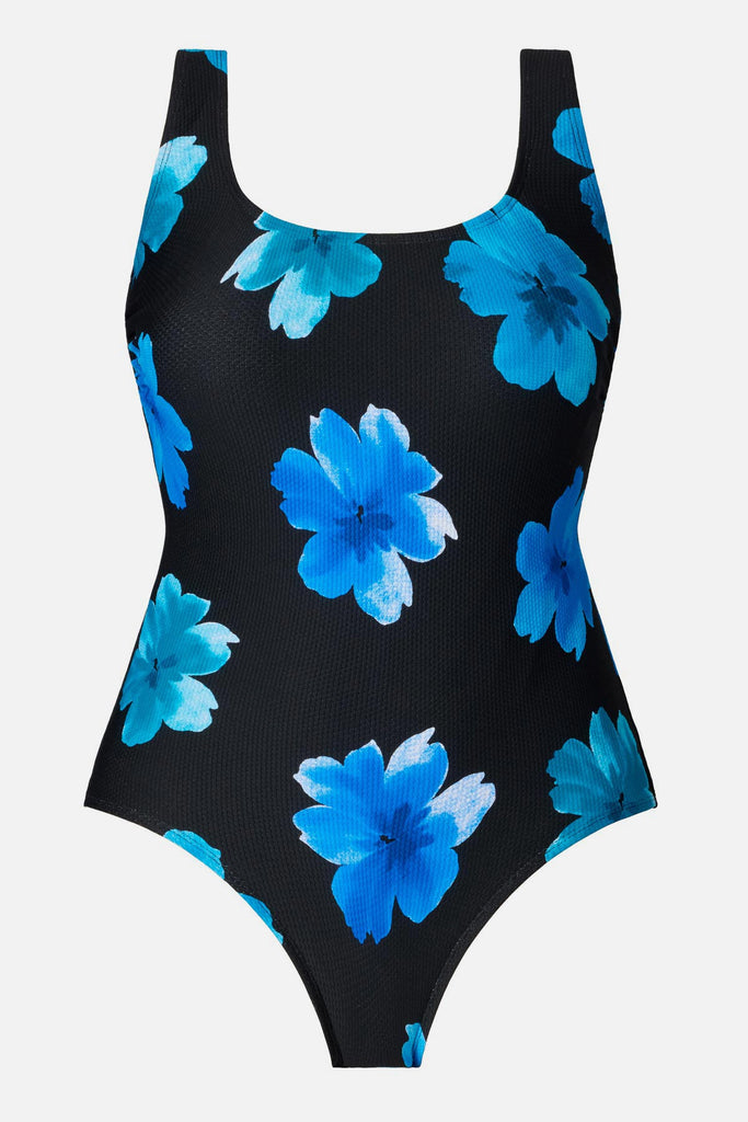 Large blue flowers printed one-piece swimsuit
