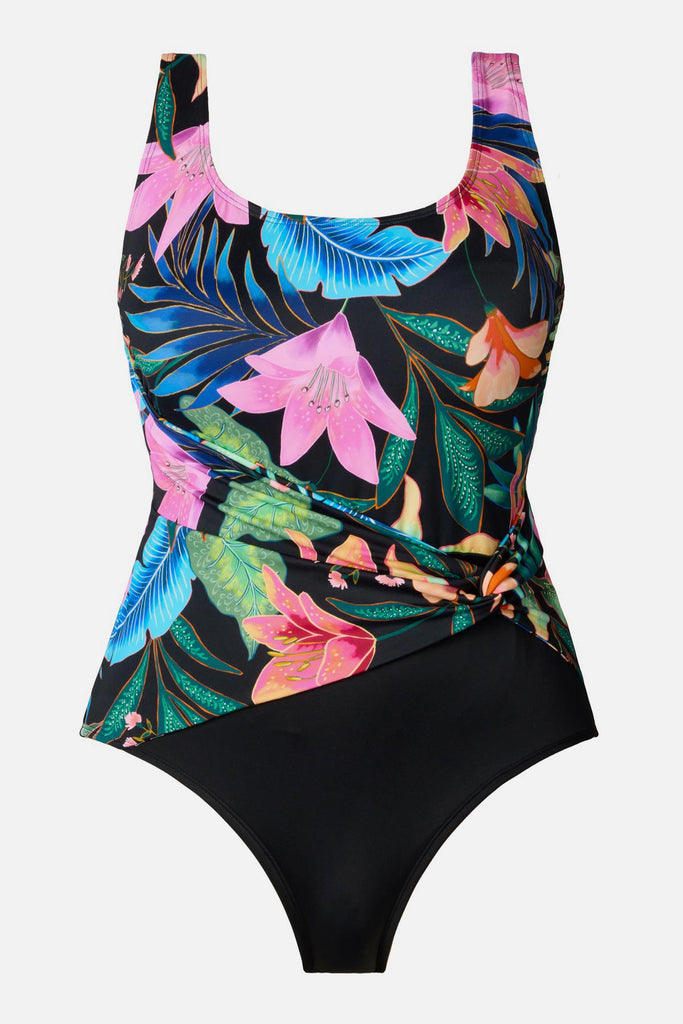 Multicolor floral one-piece swimsuit with a twist on the side