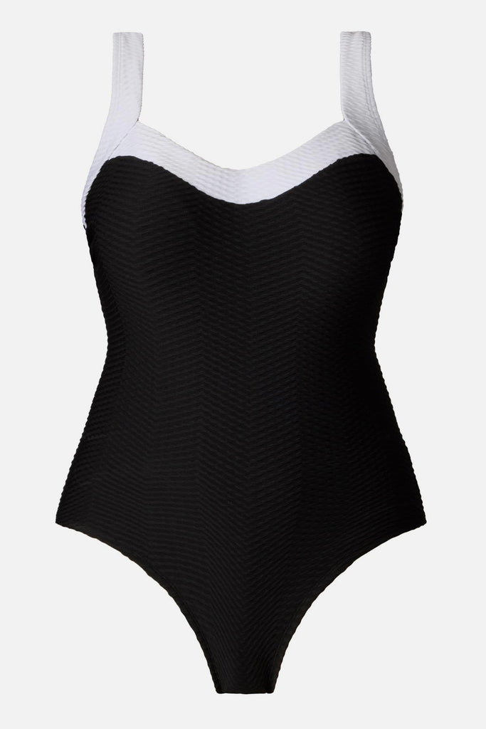 Black one-piece swimsuit with white trim along the straps and neckline