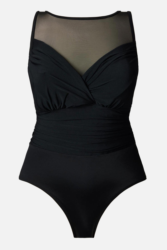 Black one-piece swimsuit with a mesh high neck