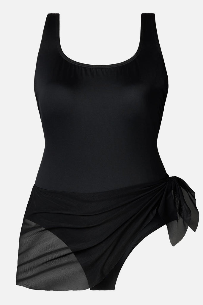 Black one-piece swimsuit with a black wrap sash around the waist