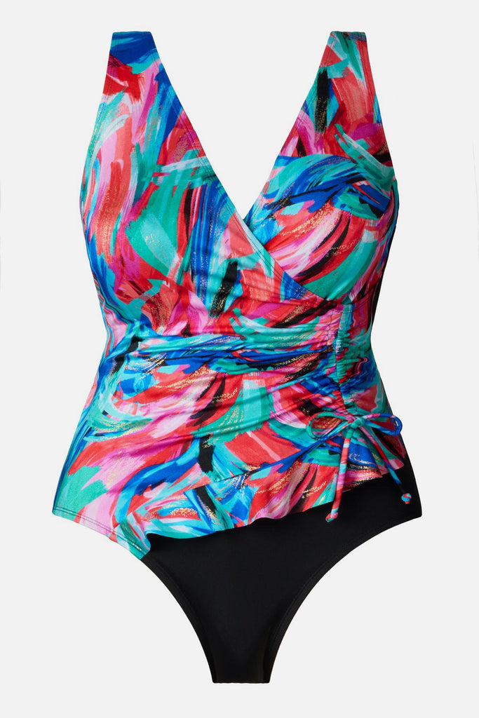 Multicolored abstract printed one-piece swimsuit with a side tie detail 