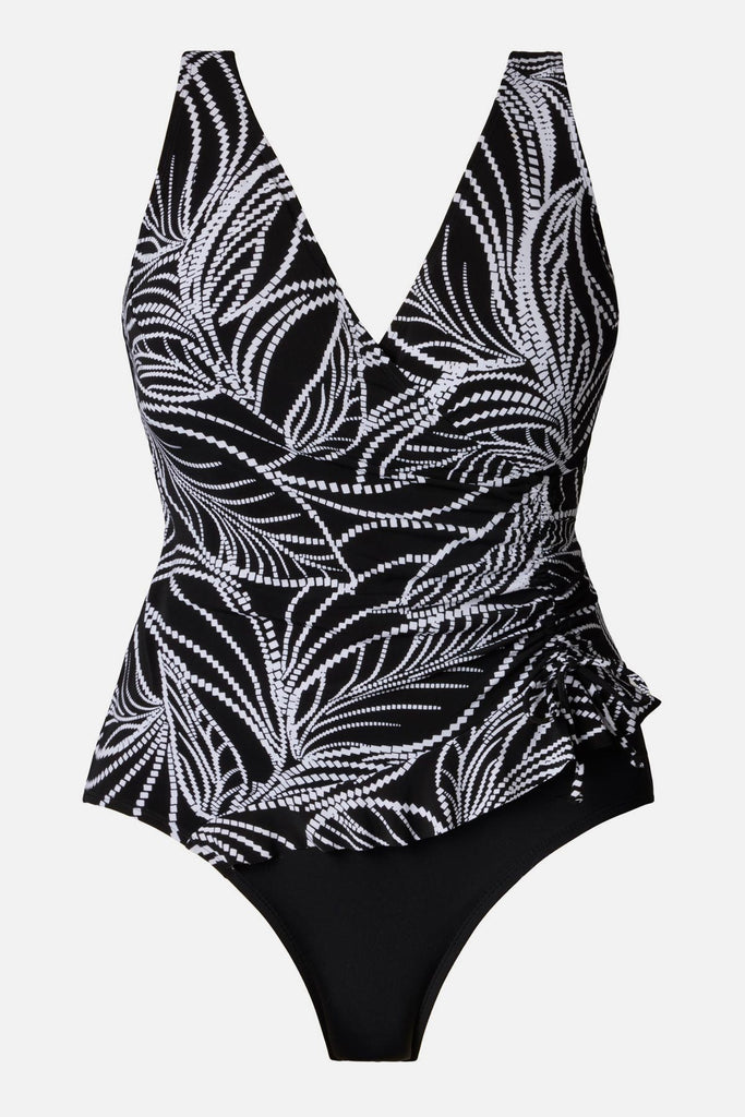 Black and white fern printed swimsuit with a side tie