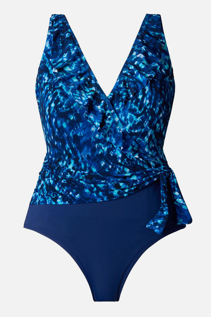 Blue abstract printed one-piece swimsuit with a side tie