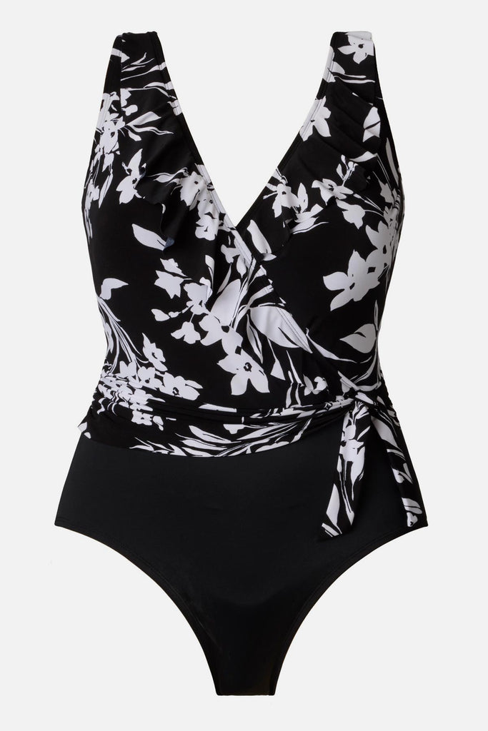 Black and white floral one-piece swimsuit with a side sash