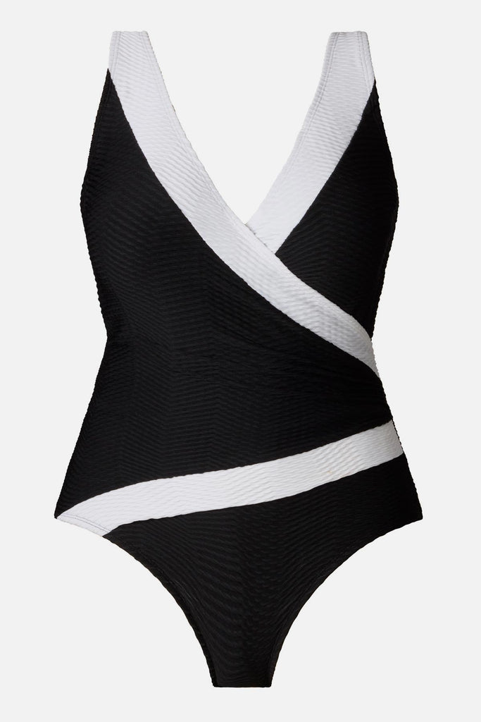 Black one-piece swimsuit with white textured trim