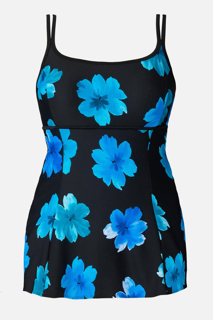 Black swim dress with large blue flowers