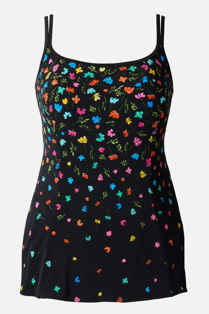 Black swim dress with small multicolored flowers 