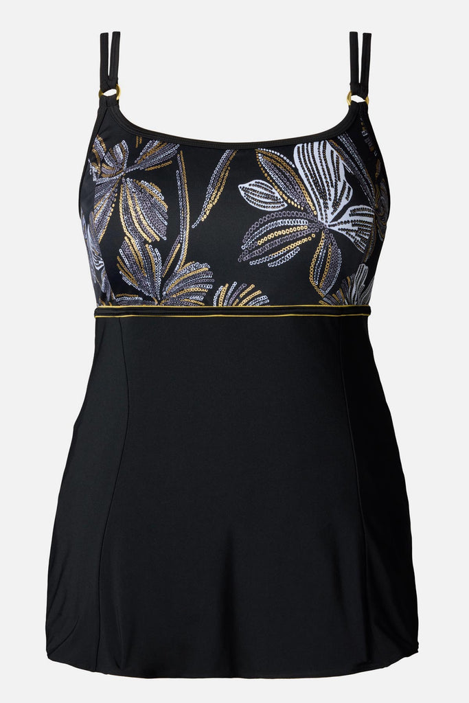 Swim dress with white and gold floral print on the bust