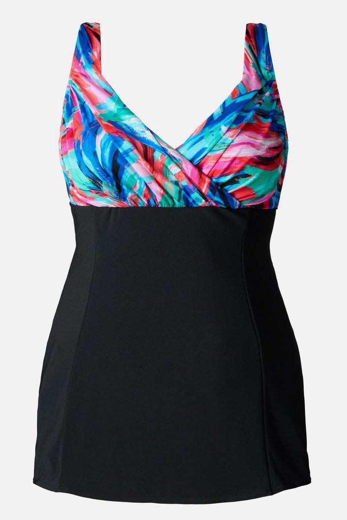 Swim dress with a multicolor abstract pattern across the bust and straps