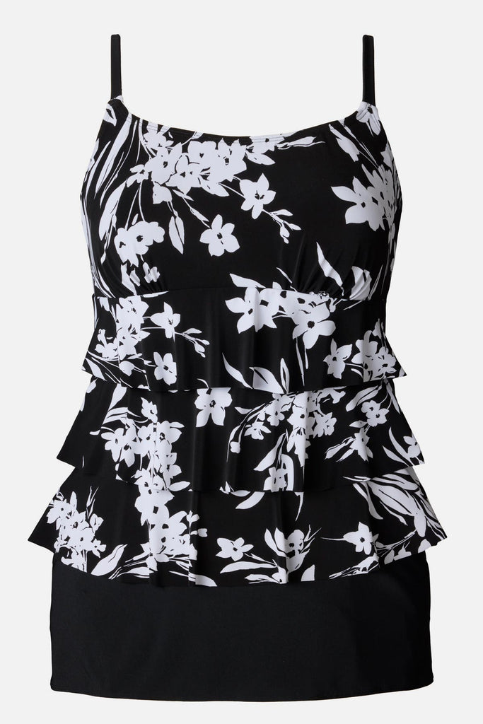 Black and white floral printed ruffle skirtini swimsuit