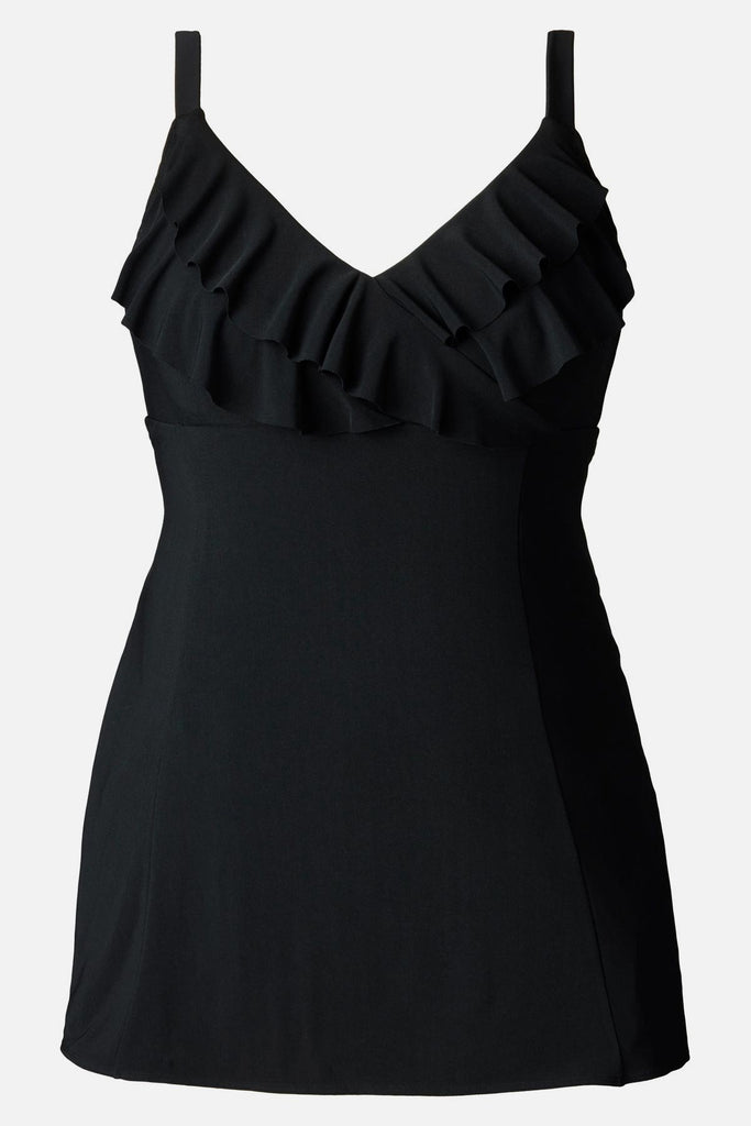 Black swim dress with ruffles on the neckline 