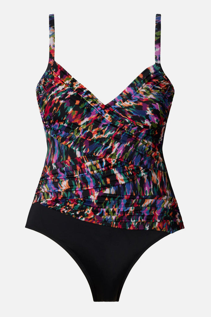 Multicolored abstract printed wrap one-piece swimsuit