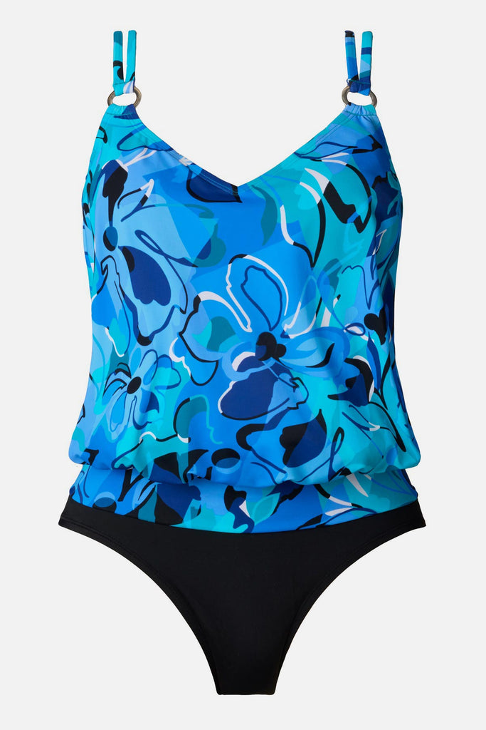 Blue floral printed one-piece blouson swimsuit