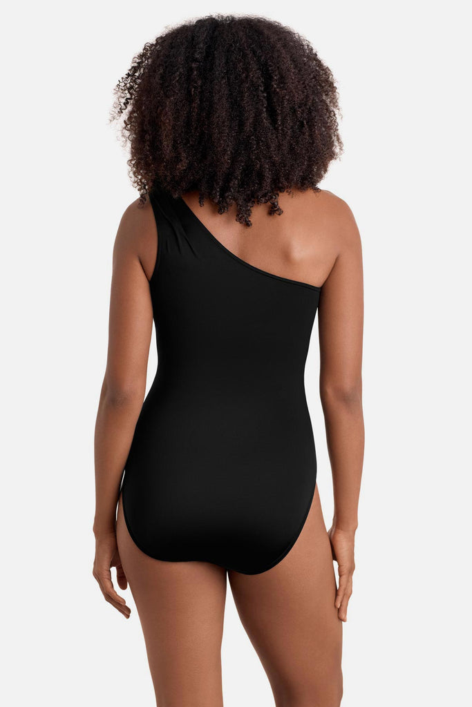 Woman turned away wearing a one shoulder one-piece swimsuit