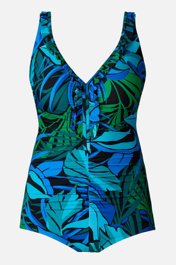 Blue and green one-piece swimsuit with ruffles down the front