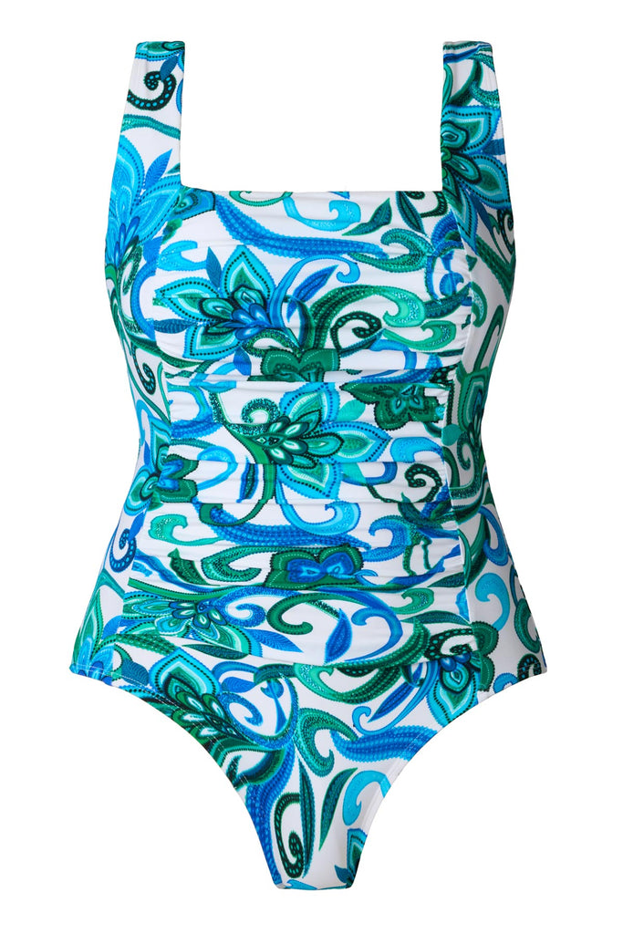 Blue and green floral printed square neck one-piece swimsuit