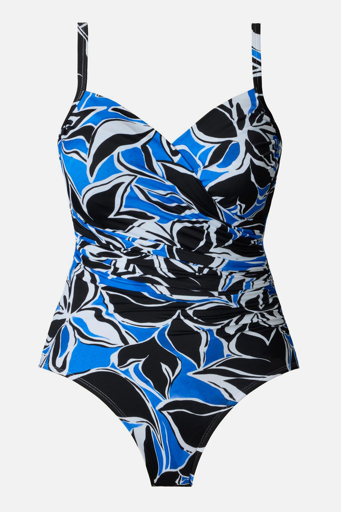 Black, blue and white floral printed one-piece swimsuit