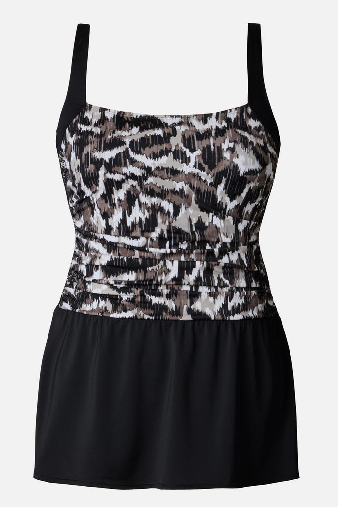 Animal skin printed skater swim dress with a black skirted bottom