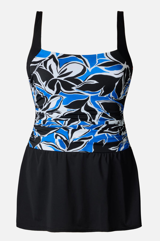 Black, blue and white floral printed skater swim dress with black skirted bottom