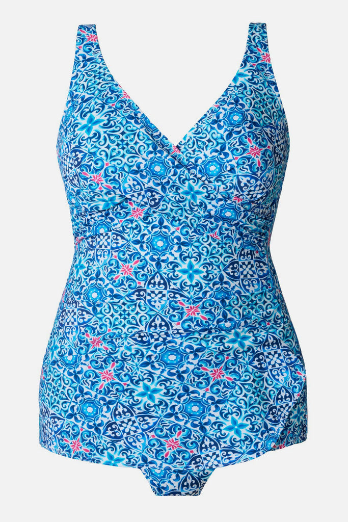 Blue tile printed one-piece sarong swimsuit