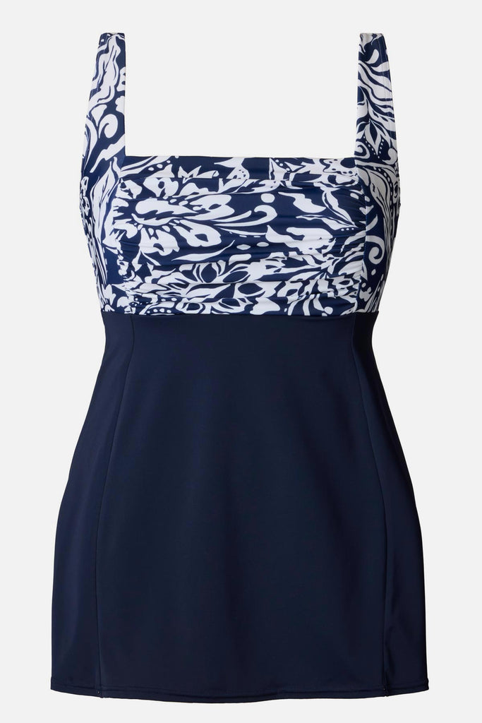 Blue and white abstract floral printed swim dress