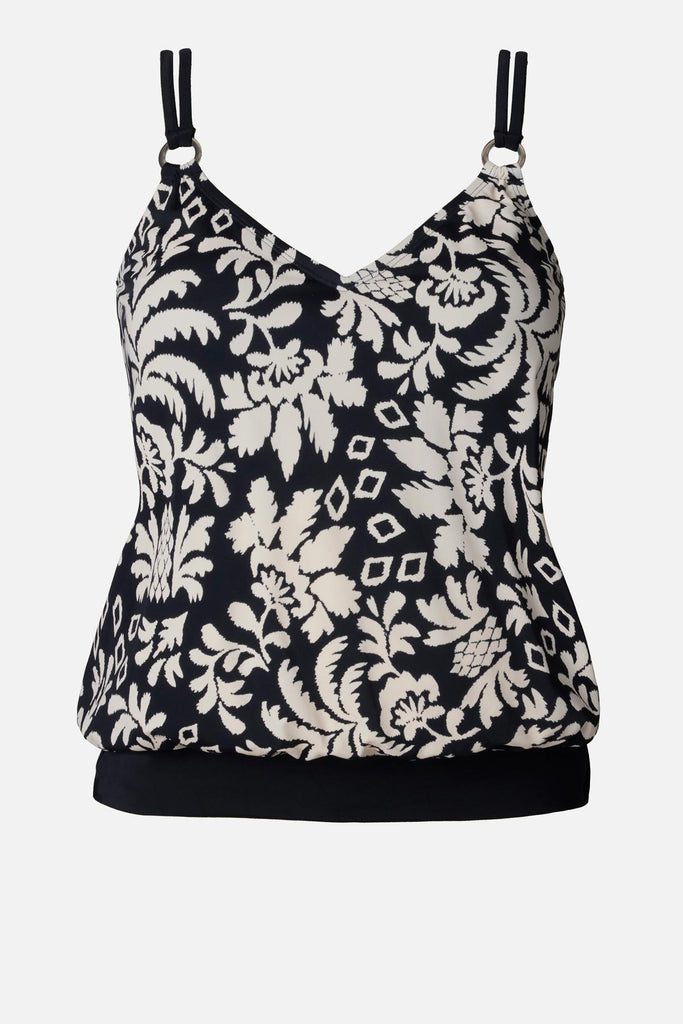 Black and white palm tree print blouson tankini top
