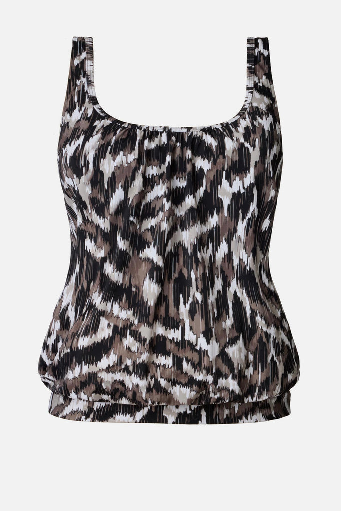 Brown animal skin-esque print blouson tankini top