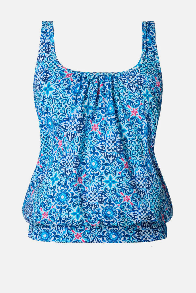 Blue tile print shirred neck blouson tankini top