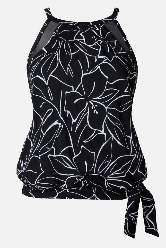 Black and white floral outline pattern high neck tankini top