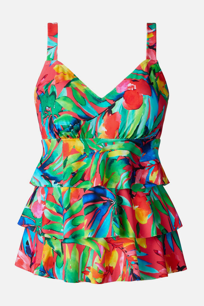 Multicolored palm leaf printed tankini top with ruffles