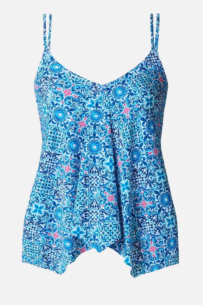 Blue tile print handkerchief tankini top