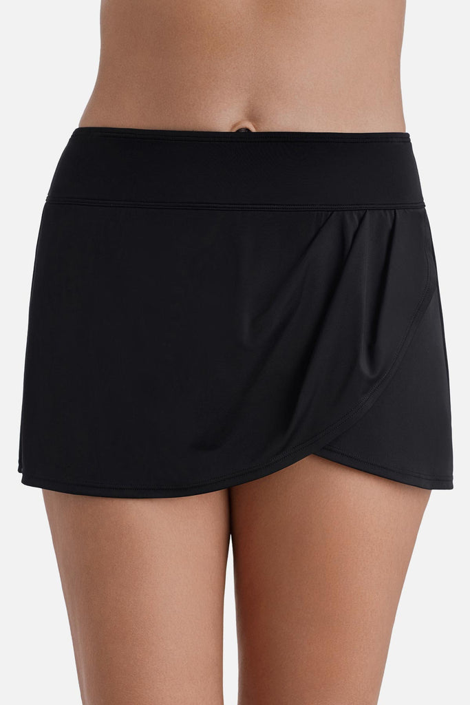 Front view of a black skirted swim bottom
