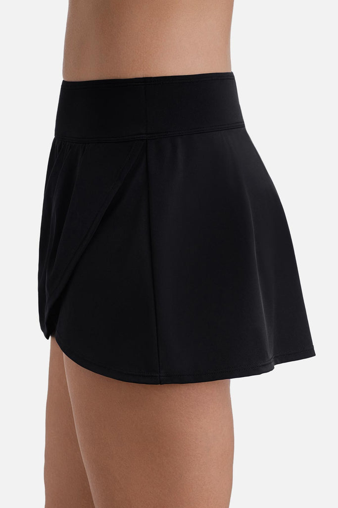 Side view of a black skirted swim bottom