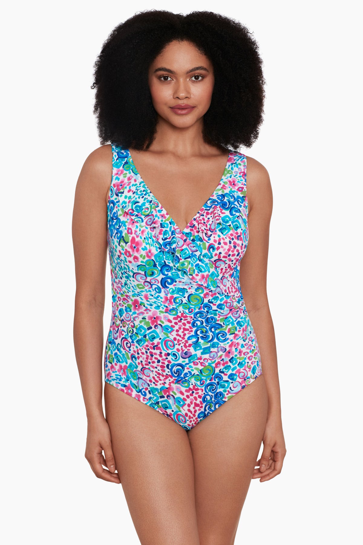 Longitude Ruffle Front Surplice Long Torso One Piece Swimsuit Mimi Flamingo